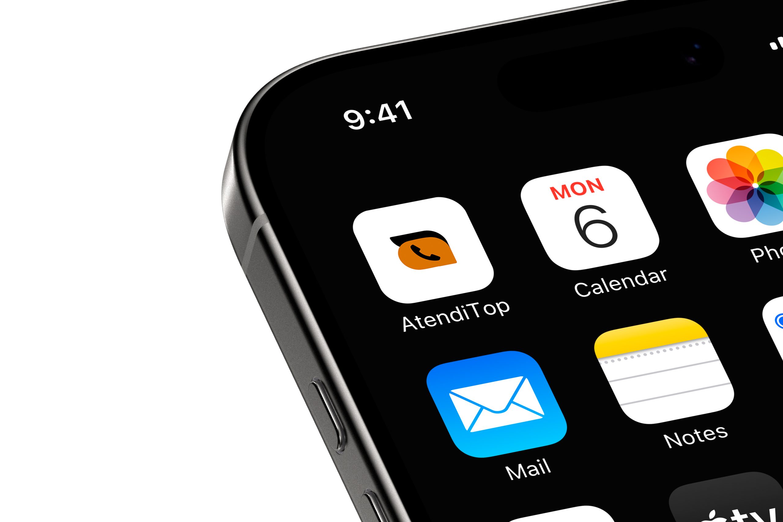 App mobile AtendiTop — iPhone mockup — Idéia Comunicação